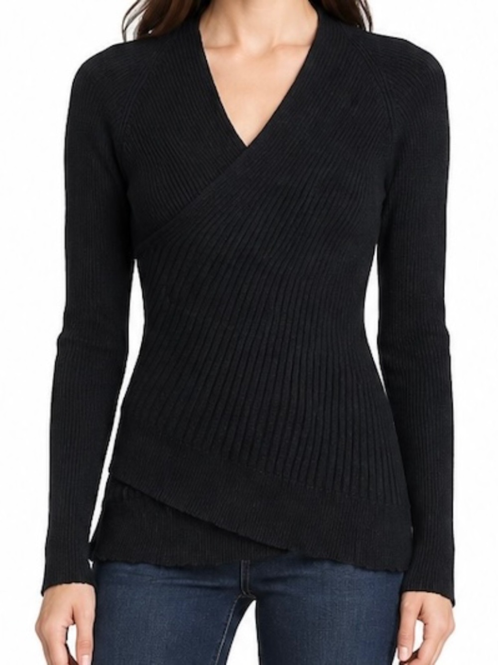Armani Exchange Black Silk Cotton Ribbed Surplice Wrap Sweater L (fits like M)